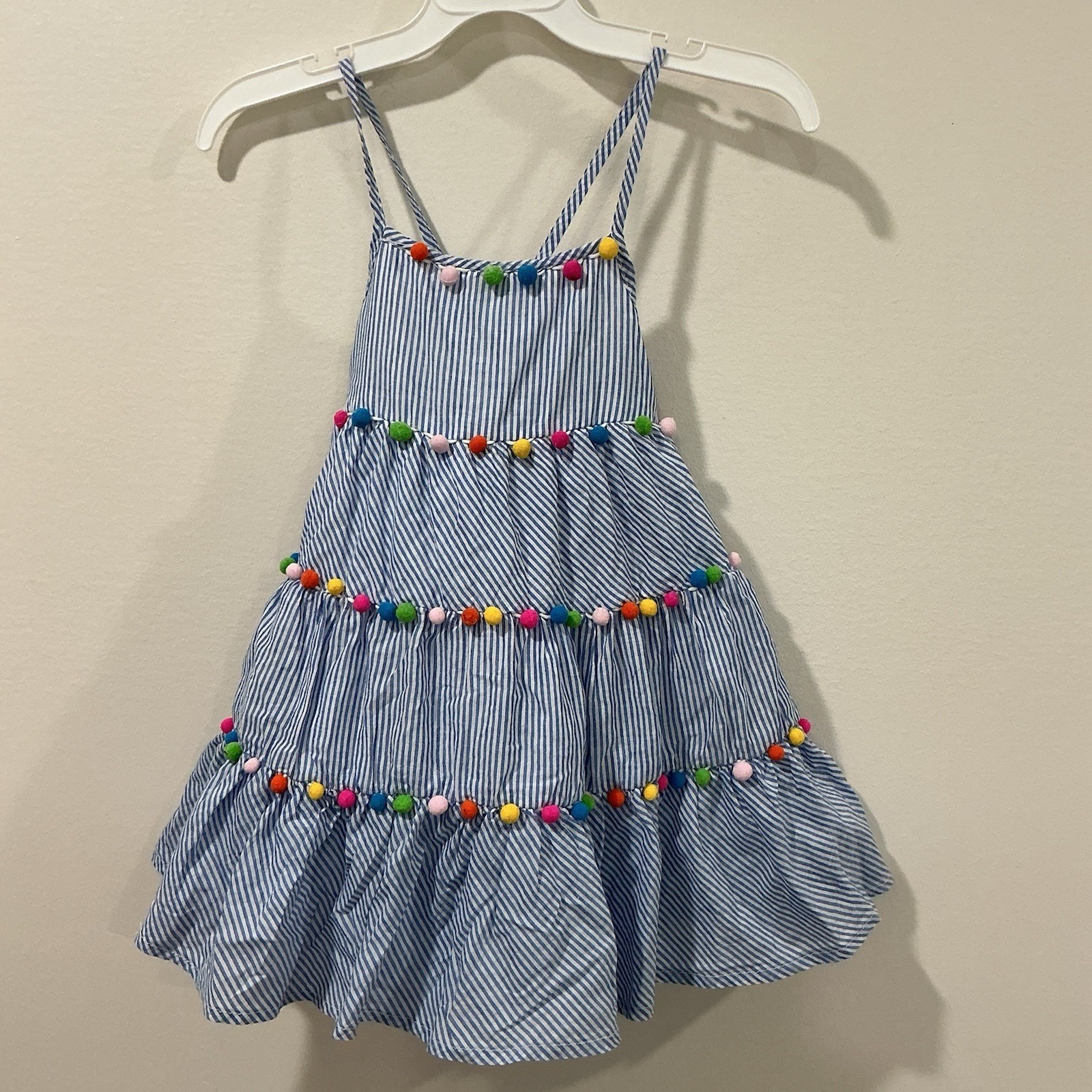 Tommy Bahama Girls Size 3t Dress Blue White Stripe Pom Pom Tiered Beach Vacation